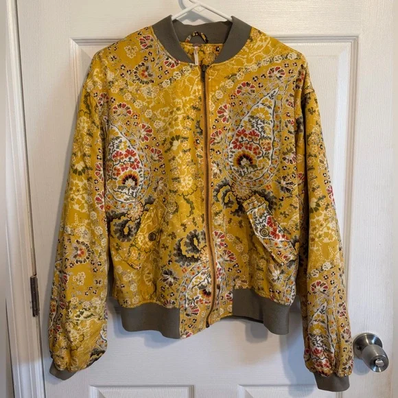 Free People Yellow Paisley Bomber Jacket Small - Picture 2 of 6